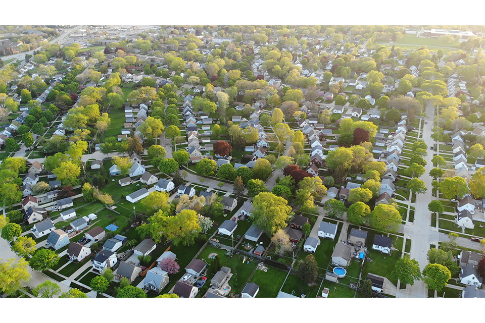 A tree filled view of the suburbs